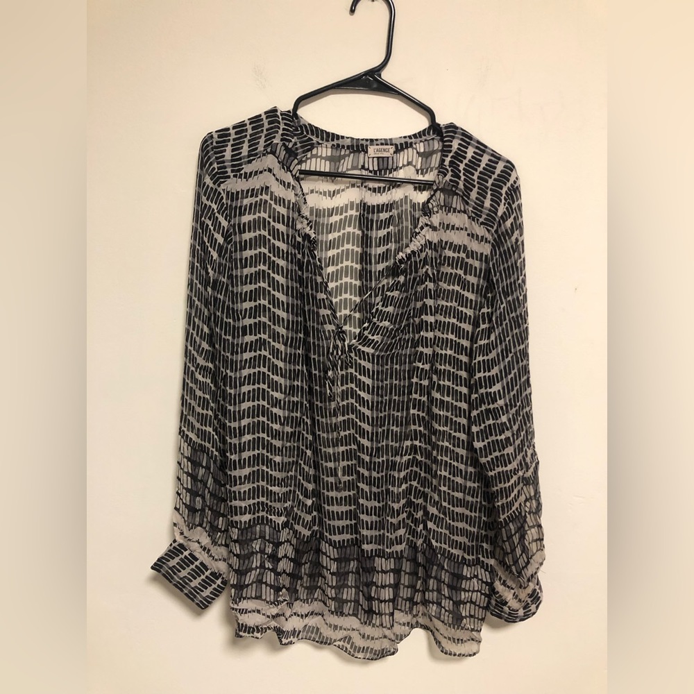 L’Agence 100% Silk Sheer Black and White Tunic Size 6